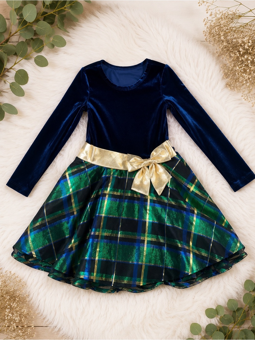 Navy Velvet Top Green Plaid Skirt Holiday Dress with Gold Bow Bonnie Jean 5